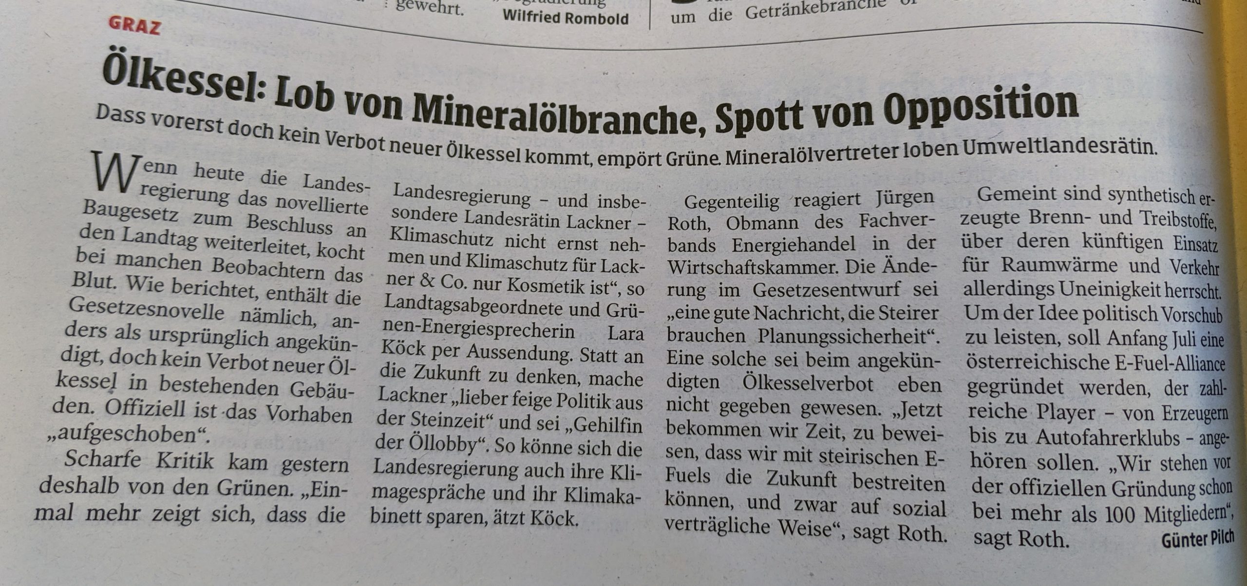 Artikel in der Kleinen Zeitung: Kein Verbot von Ölkesselerneuerungen in Bestandsbauten