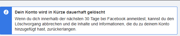 Meldung auf Faceboook: Dein Konto wird in Kürze dauerhaft gelöscht!