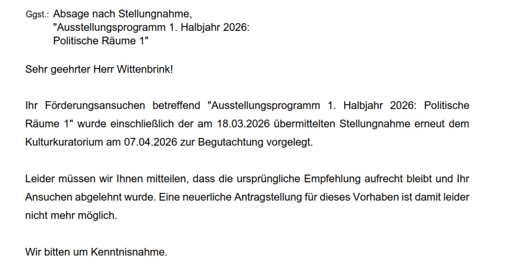 Absage der Förderung der off_galllery, Screenshot